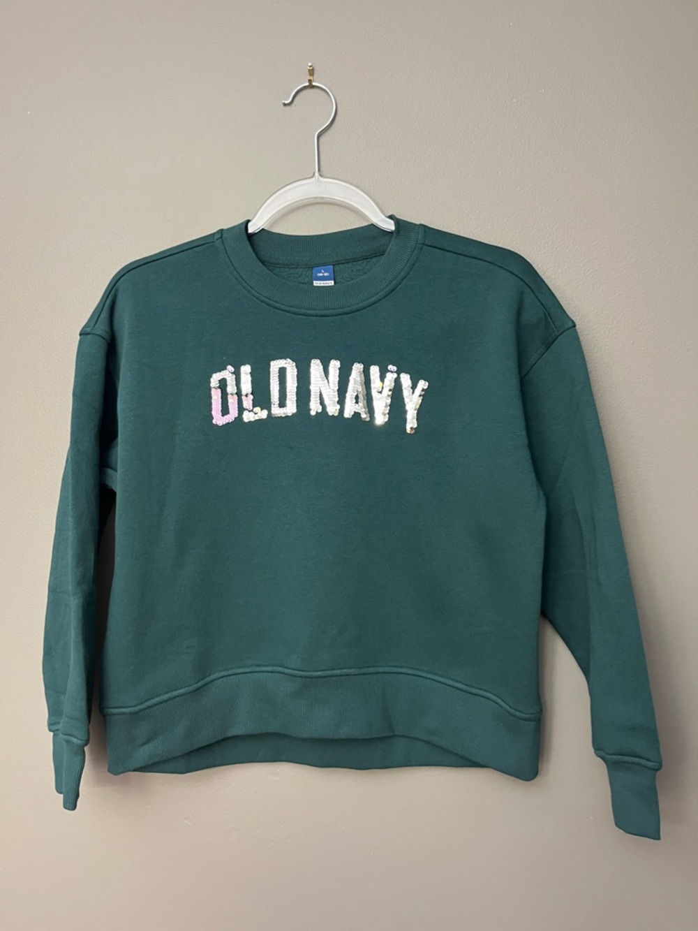 Old Navy Girls Dark Green Sequin Logo Crewneck Sweatshirt - Size L (10-12)
